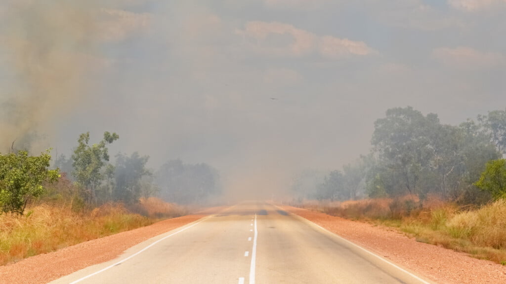 A blocked road in Australia during a bushfire