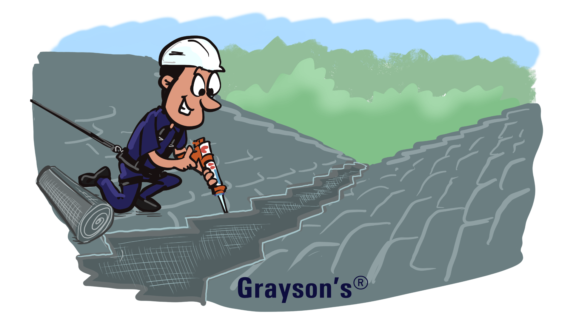 Cartoon of Grayson's team member installing Valley Guard protection